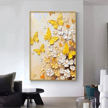 GOLDEN BUTTERFLIES: Textured Butterfly and Floral Painting, Yellow and White Wall Art, Vertical Canvas, Impasto Decor | yellow palette, original oil on stretched canvas art
