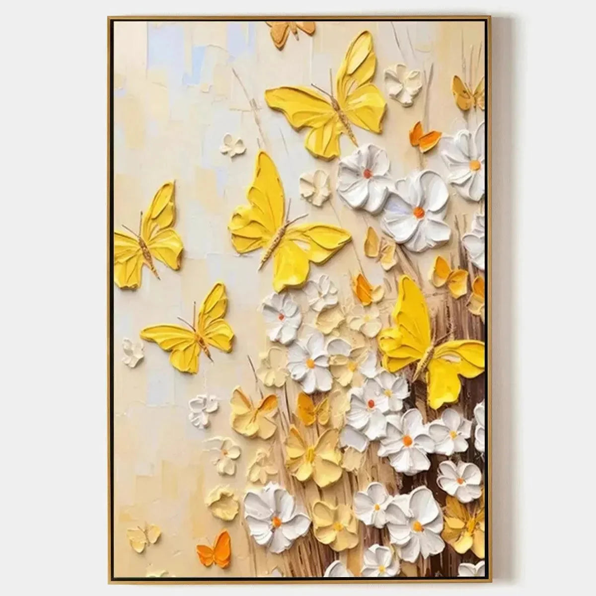 GOLDEN BUTTERFLIES: Textured Butterfly and Floral Painting, Yellow and White Wall Art, Vertical Canvas, Impasto Decor | hanging in living room, Abstract wall art