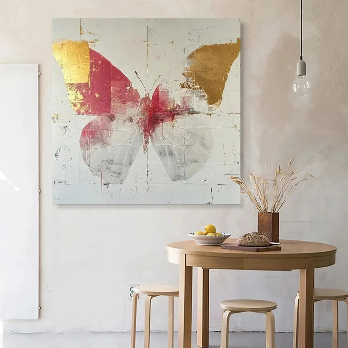 GOLDEN BUTTERFLY: Butterfly Painting, Gold and Pink Wall Art, Square Canvas Art, Bedroom Decor | Abstract closeup, raised brushwork detail