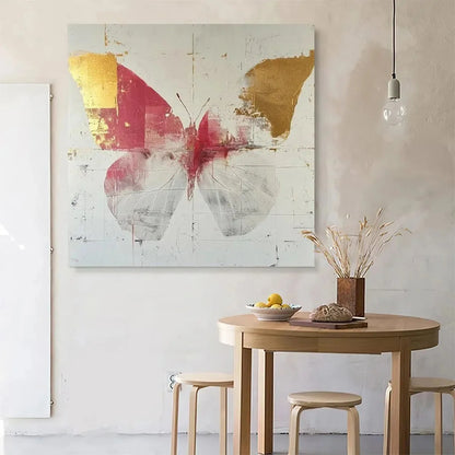GOLDEN BUTTERFLY: Butterfly Painting, Gold and Pink Wall Art, Square Canvas Art, Bedroom Decor | Abstract closeup, raised brushwork detail