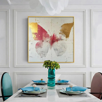 GOLDEN BUTTERFLY: Butterfly Painting, Gold and Pink Wall Art, Square Canvas Art, Bedroom Decor | gold frame stretched on neutral wall