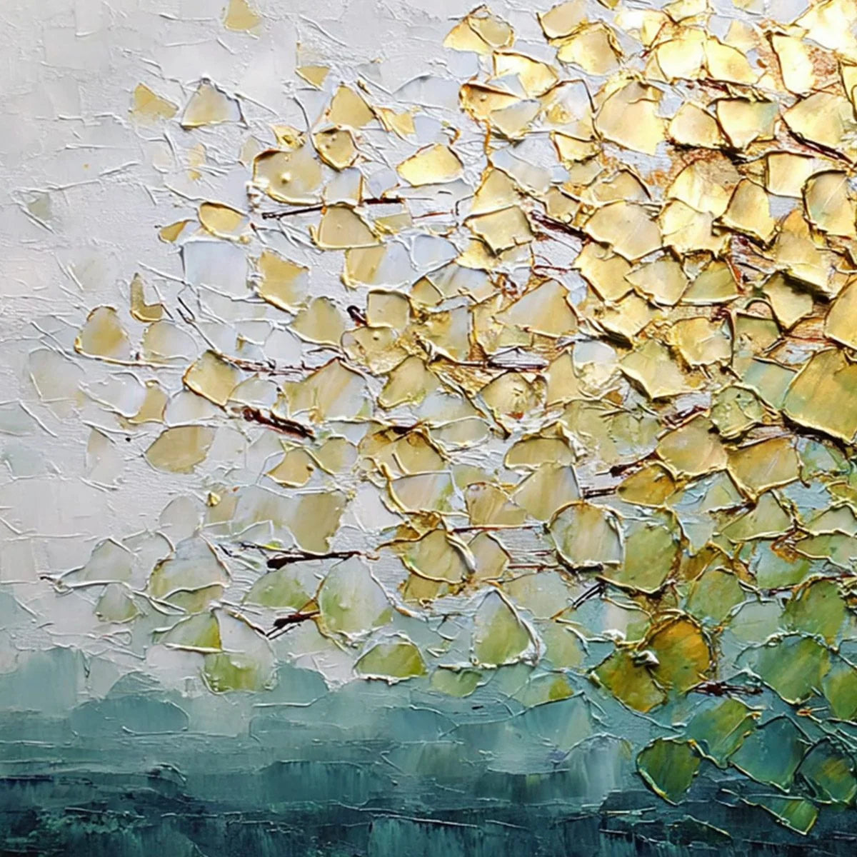 GOLDEN CANOPY: Heavily Textured Gold & Green Abstract Impasto Painting | rectangular format, hand-painted canvas edge