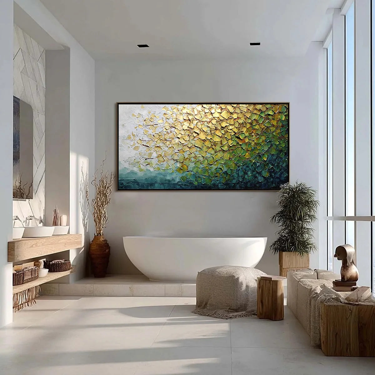 GOLDEN CANOPY: Heavily Textured Gold & Green Abstract Impasto Painting | gold frame stretched on neutral wall