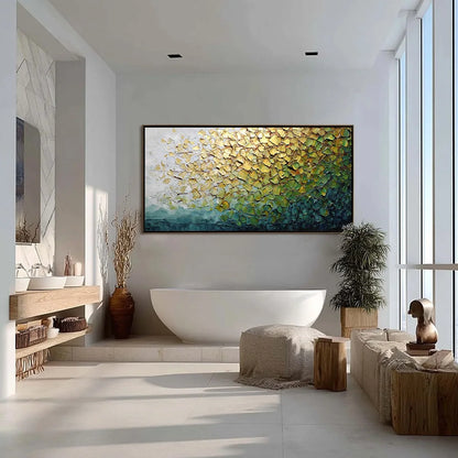 GOLDEN CANOPY: Heavily Textured Gold & Green Abstract Impasto Painting | gold frame stretched on neutral wall
