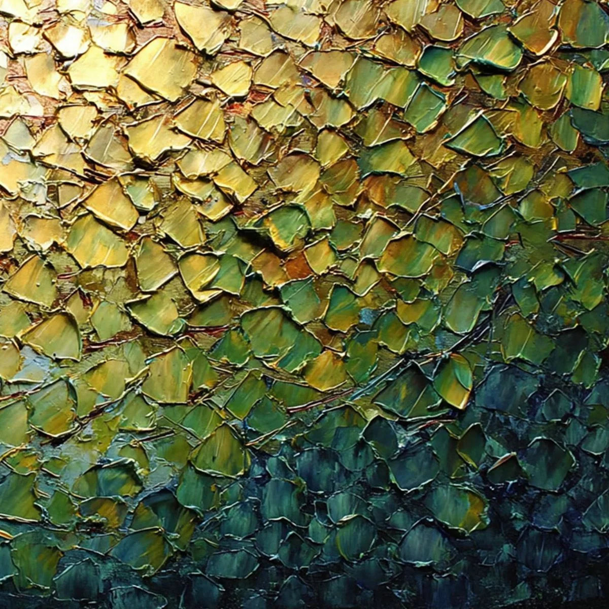 GOLDEN CANOPY: Heavily Textured Gold & Green Abstract Impasto Painting | rolled canvas, ready for custom framing