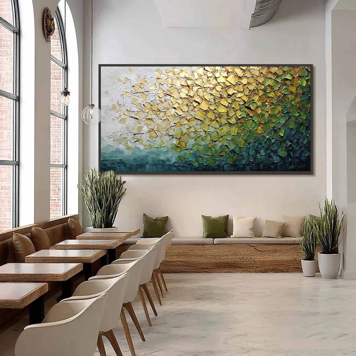 GOLDEN CANOPY: Heavily Textured Gold & Green Abstract Impasto Painting | black frame version on white wall