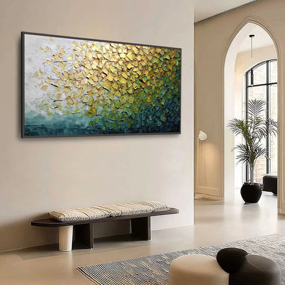 GOLDEN CANOPY: Heavily Textured Gold & Green Abstract Impasto Painting | Abstract mood, soft natural light studio shot