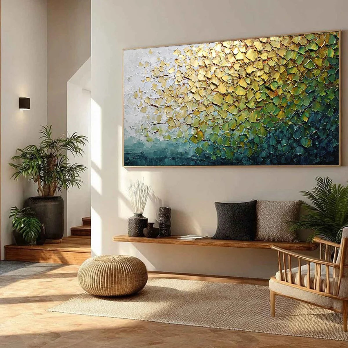 GOLDEN CANOPY: Heavily Textured Gold & Green Abstract Impasto Painting | green palette, original oil on stretched canvas art