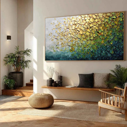 GOLDEN CANOPY: Heavily Textured Gold & Green Abstract Impasto Painting | green palette, original oil on stretched canvas art