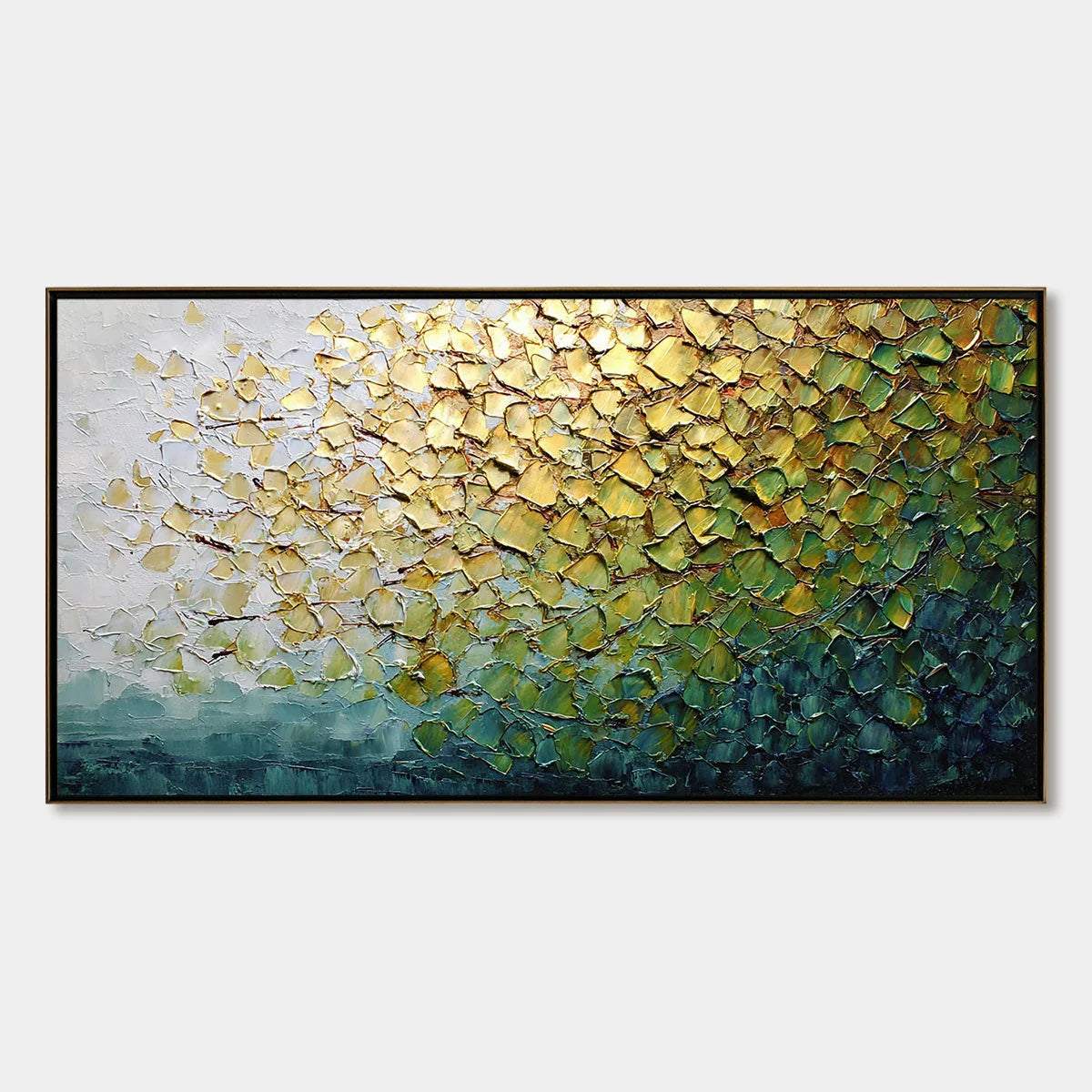 GOLDEN CANOPY: Heavily Textured Gold & Green Abstract Impasto Painting | hanging in living room, Abstract wall art