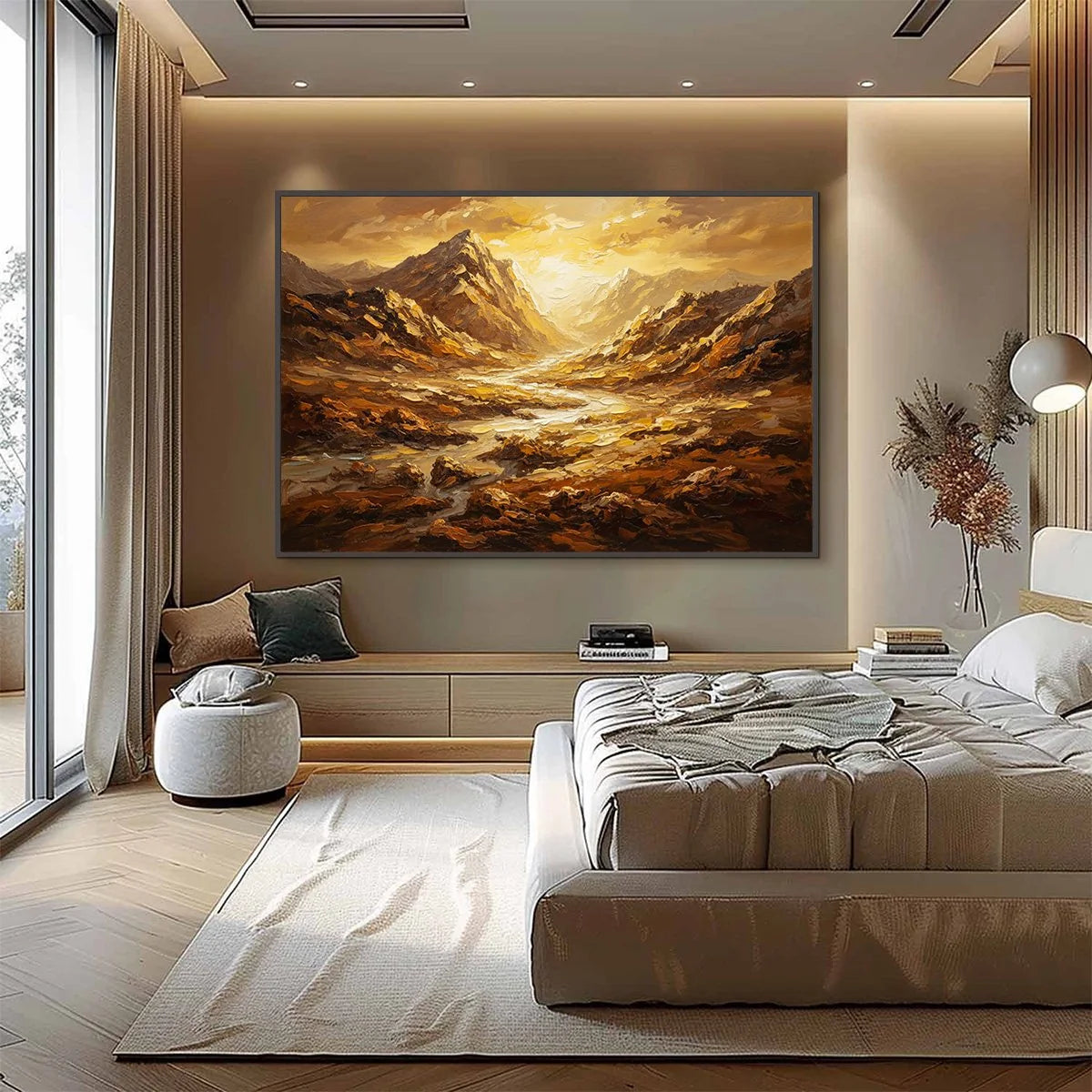 GOLDEN CANYON: Textured Impasto Mountain Valley Landscape Painting | gold frame stretched on neutral wall