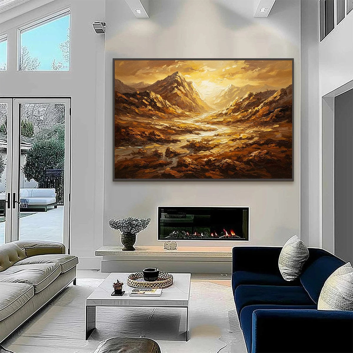 GOLDEN CANYON: Textured Impasto Mountain Valley Landscape Painting | black frame version on white wall