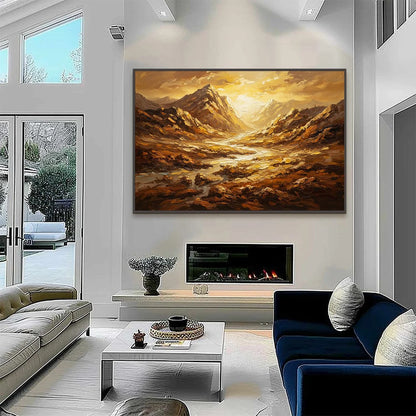 GOLDEN CANYON: Textured Impasto Mountain Valley Landscape Painting | black frame version on white wall