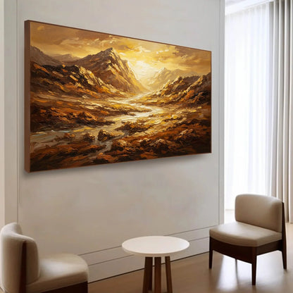 GOLDEN CANYON: Textured Impasto Mountain Valley Landscape Painting | Landscape mood, soft natural light studio shot
