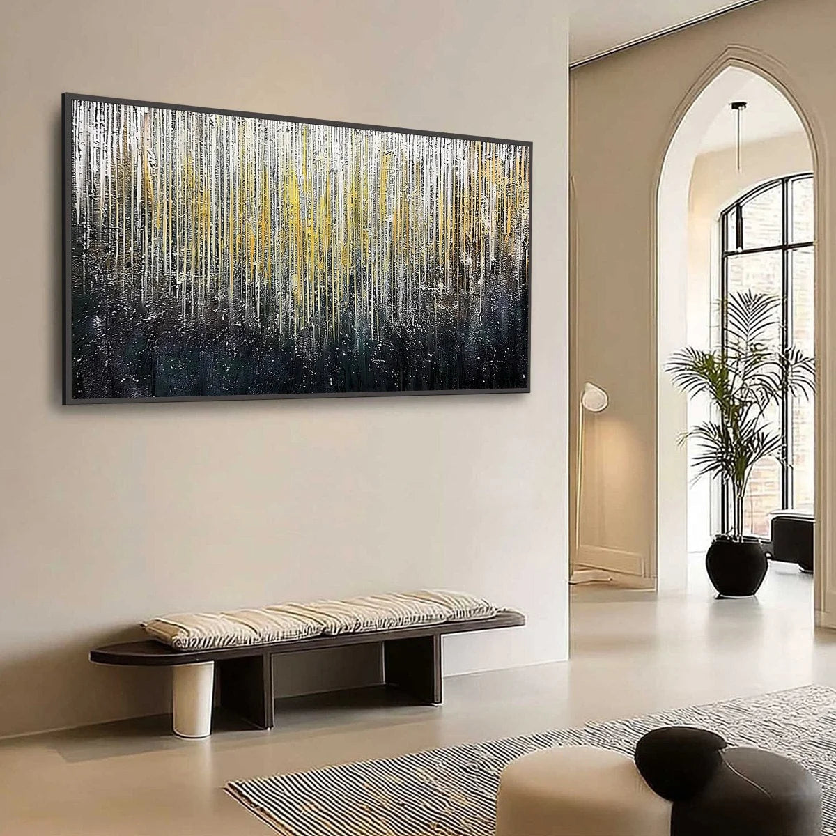 GOLDEN CASCADE: Large Textured Abstract Gold and Black Painting | Abstract mood, soft natural light studio shot