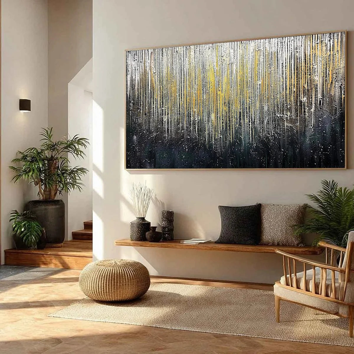 GOLDEN CASCADE: Large Textured Abstract Gold and Black Painting | yellow palette, original oil on stretched canvas art