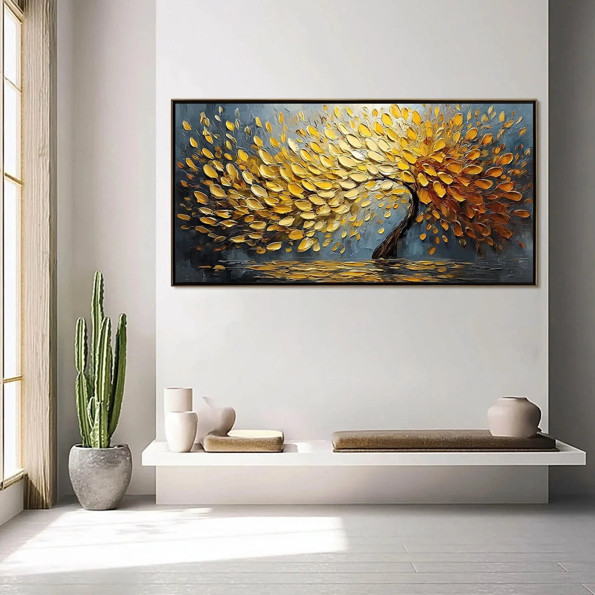 GOLDEN CASCADE | gold frame stretched on neutral wall