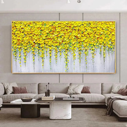 GOLDEN CASCADE: Textured Yellow Floral Painting on Grey Background | Abstract closeup, raised brushwork detail