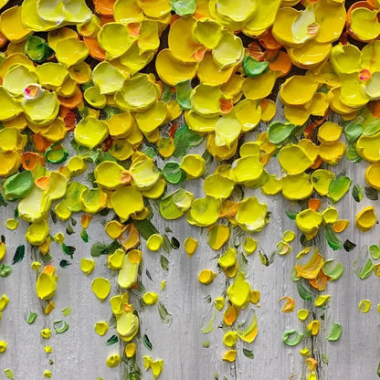 GOLDEN CASCADE: Textured Yellow Floral Painting on Grey Background | rectangular format, hand-painted canvas edge