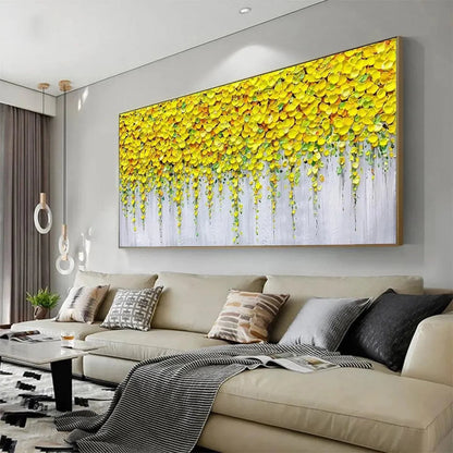 GOLDEN CASCADE: Textured Yellow Floral Painting on Grey Background | gold frame stretched on neutral wall