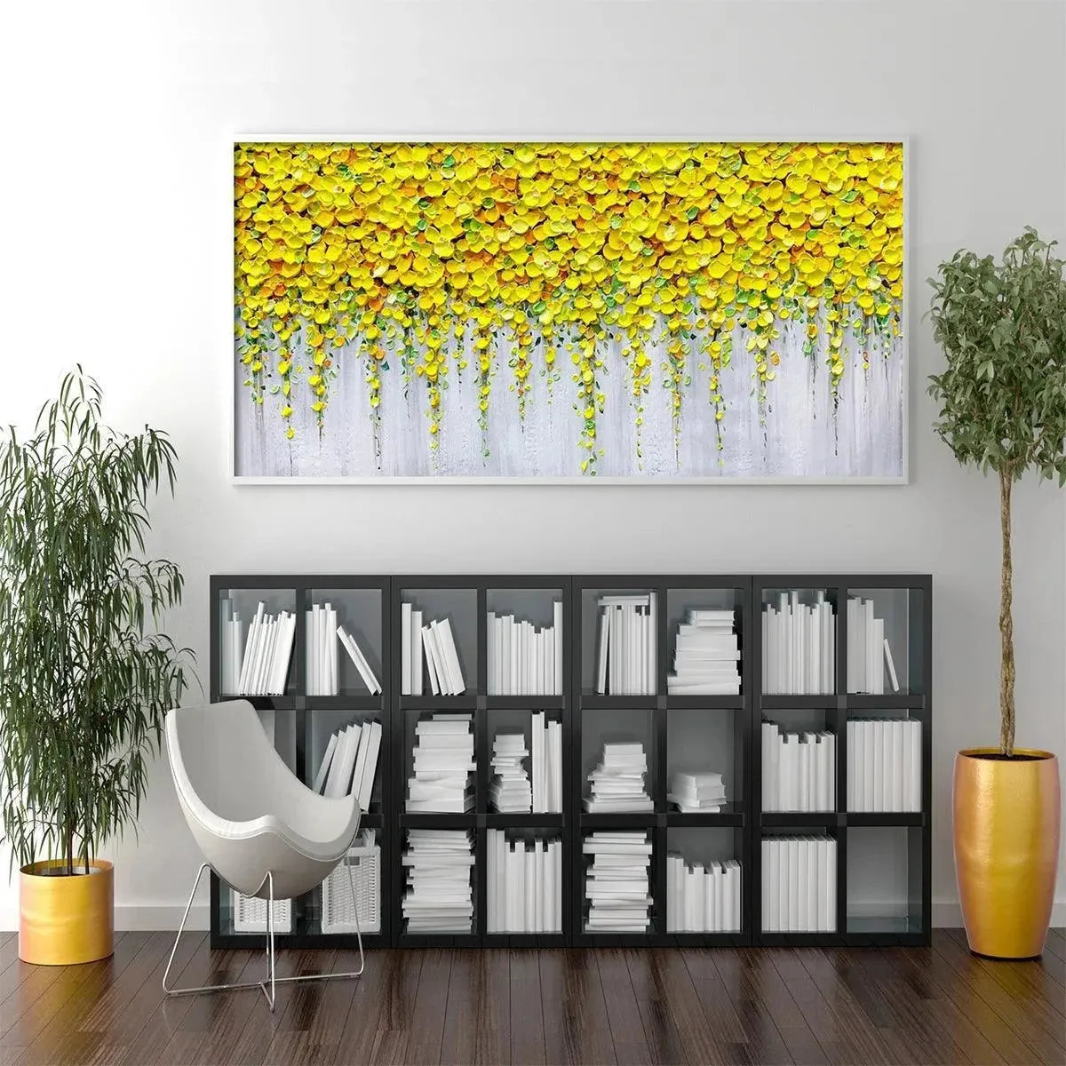GOLDEN CASCADE: Textured Yellow Floral Painting on Grey Background | black frame version on white wall