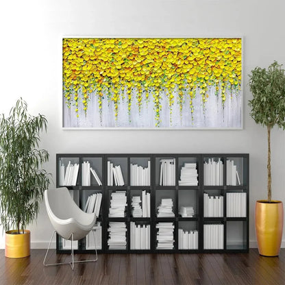 GOLDEN CASCADE: Textured Yellow Floral Painting on Grey Background | black frame version on white wall