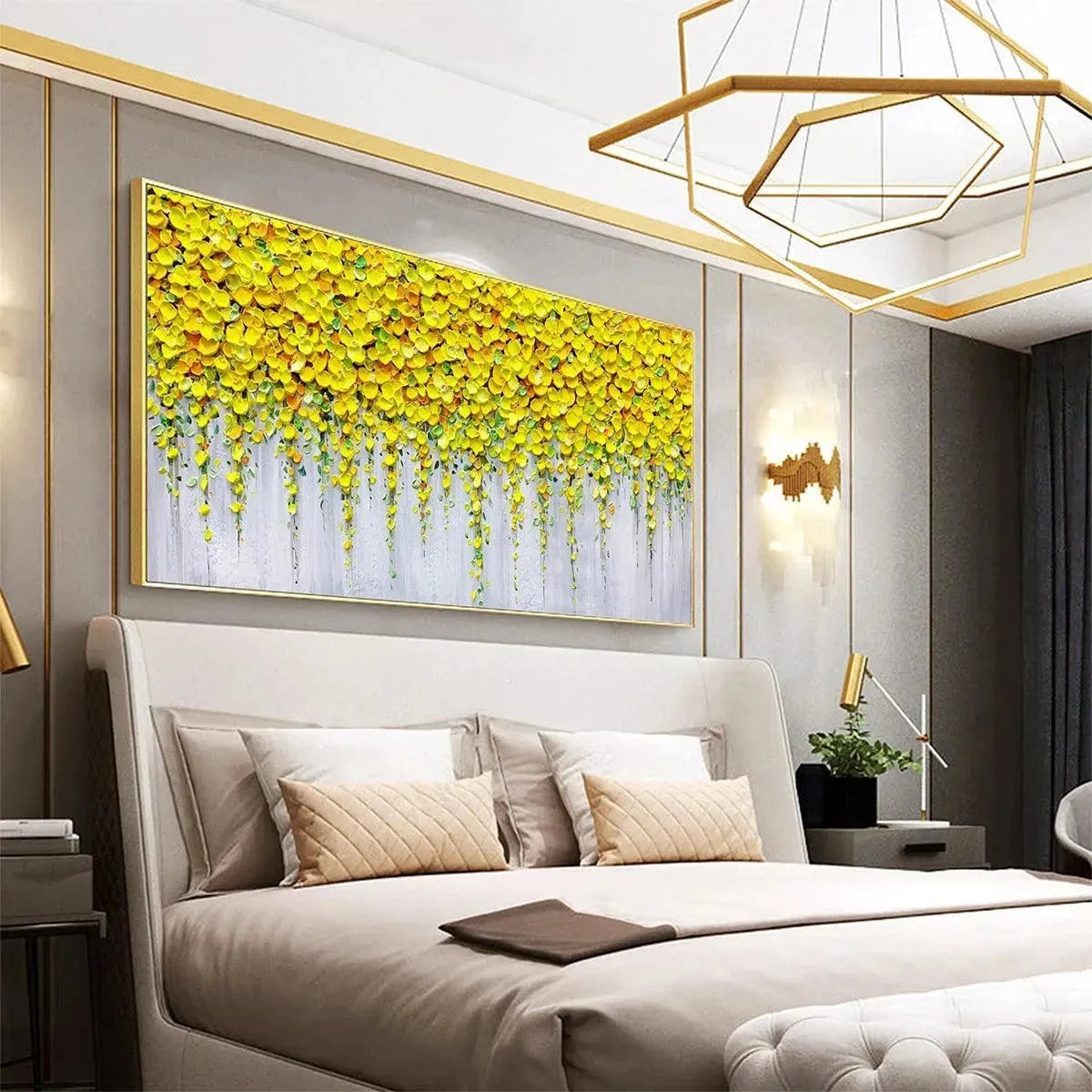 GOLDEN CASCADE: Textured Yellow Floral Painting on Grey Background | Abstract mood, soft natural light studio shot