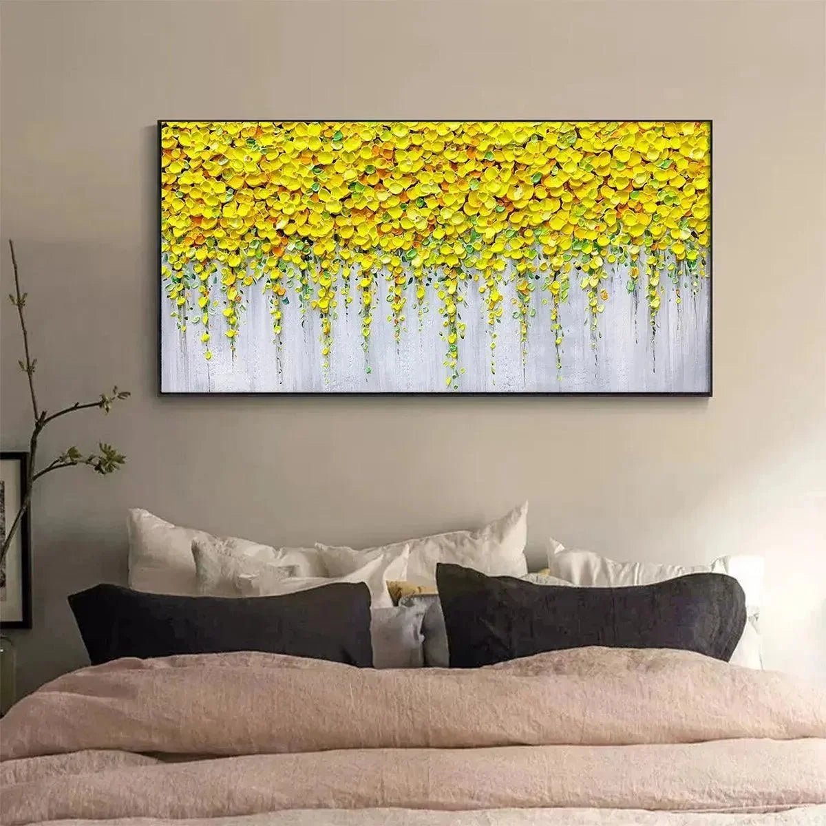 GOLDEN CASCADE: Textured Yellow Floral Painting on Grey Background | yellow palette, original oil on stretched canvas art