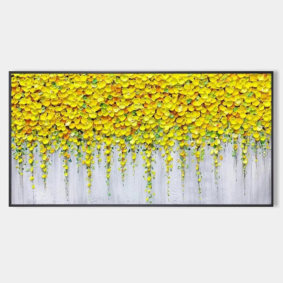 GOLDEN CASCADE: Textured Yellow Floral Painting on Grey Background | hanging in living room, Abstract wall art