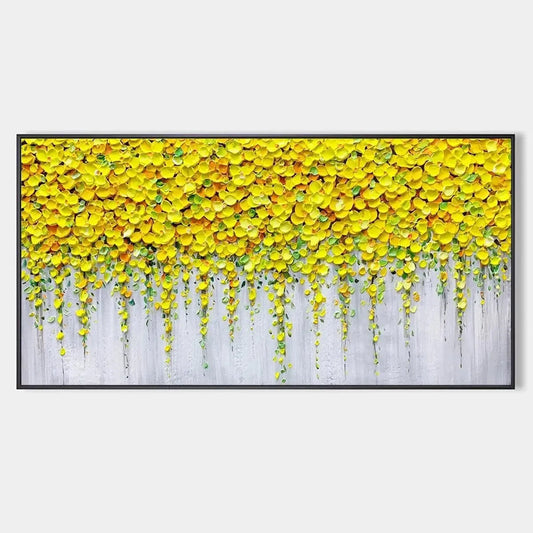 GOLDEN CASCADE: Textured Yellow Floral Painting on Grey Background | hanging in living room, Abstract wall art