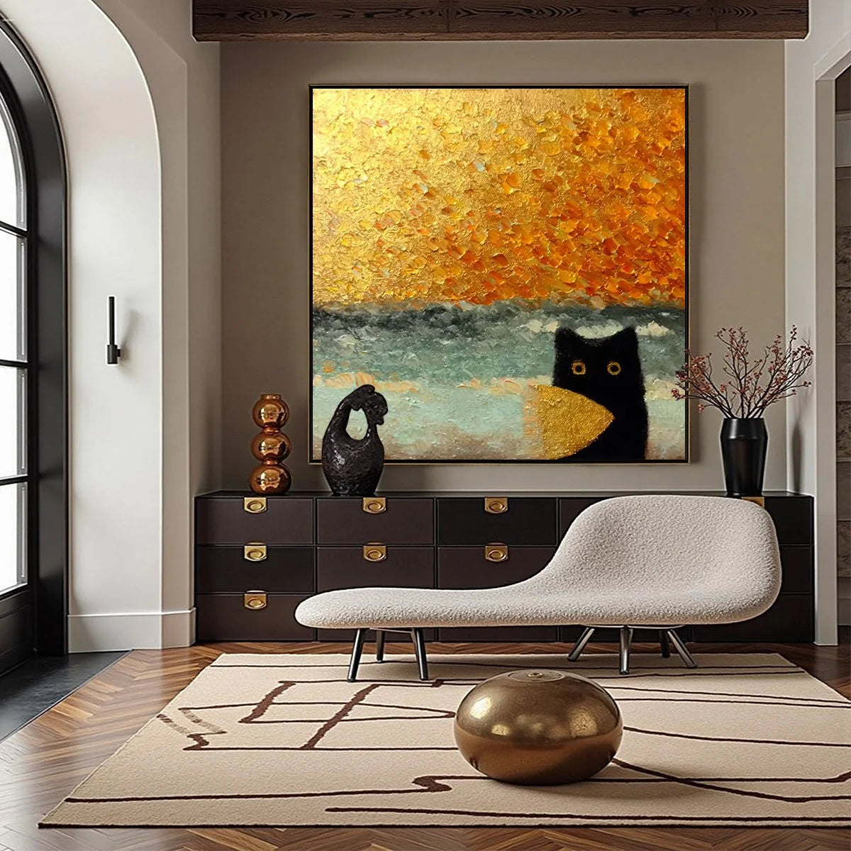 GOLDEN CATCH: Textured Gold Leaf Abstract Cat Painting | Abstract closeup, raised brushwork detail