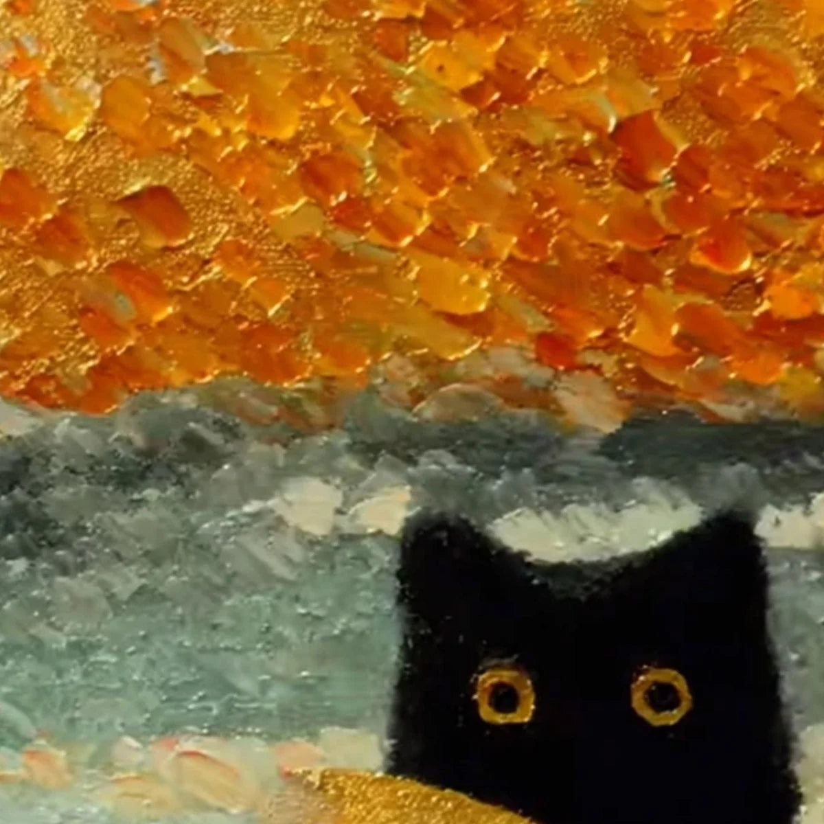 GOLDEN CATCH: Textured Gold Leaf Abstract Cat Painting | rectangular format, hand-painted canvas edge