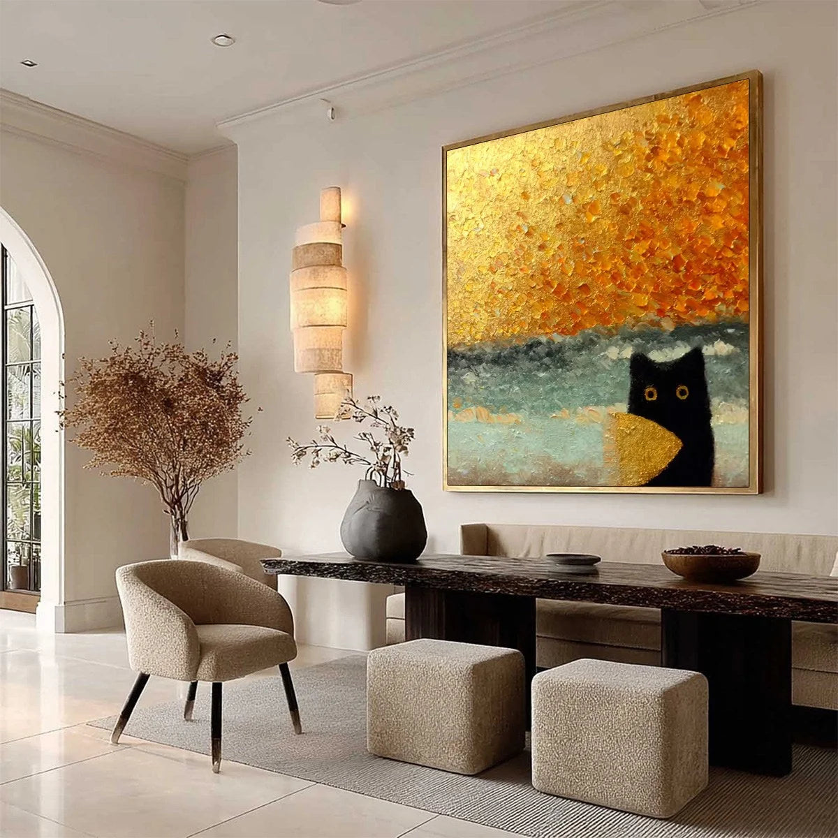 GOLDEN CATCH: Textured Gold Leaf Abstract Cat Painting | rolled canvas, ready for custom framing