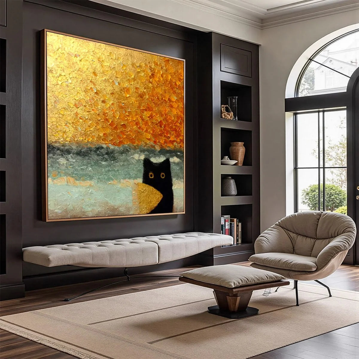 GOLDEN CATCH: Textured Gold Leaf Abstract Cat Painting | black frame version on white wall