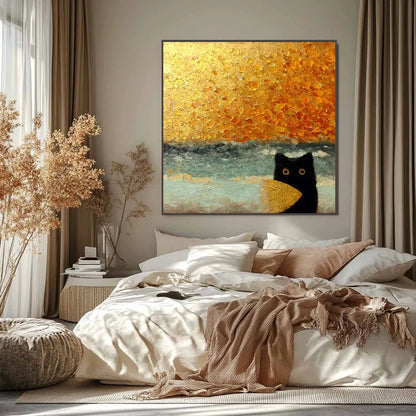 GOLDEN CATCH: Textured Gold Leaf Abstract Cat Painting | Abstract mood, soft natural light studio shot