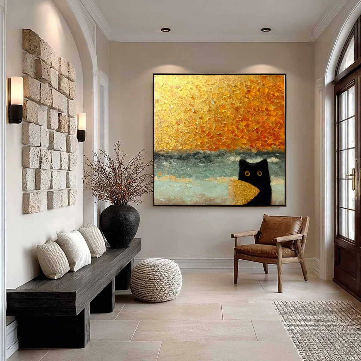 GOLDEN CATCH: Textured Gold Leaf Abstract Cat Painting | yellow palette, original oil on stretched canvas art