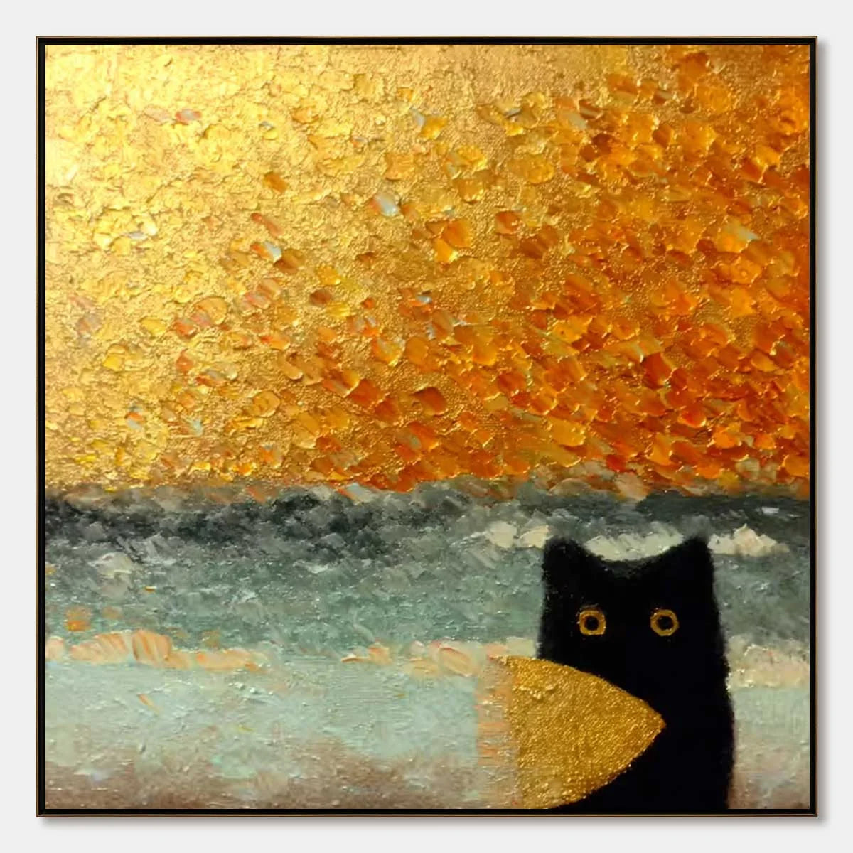 GOLDEN CATCH: Textured Gold Leaf Abstract Cat Painting | hanging in living room, Abstract wall art