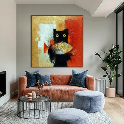 THE GOLDEN CATCH: Whimsical Abstract Black Cat with Golden Fish Painting | Abstract closeup, raised brushwork detail