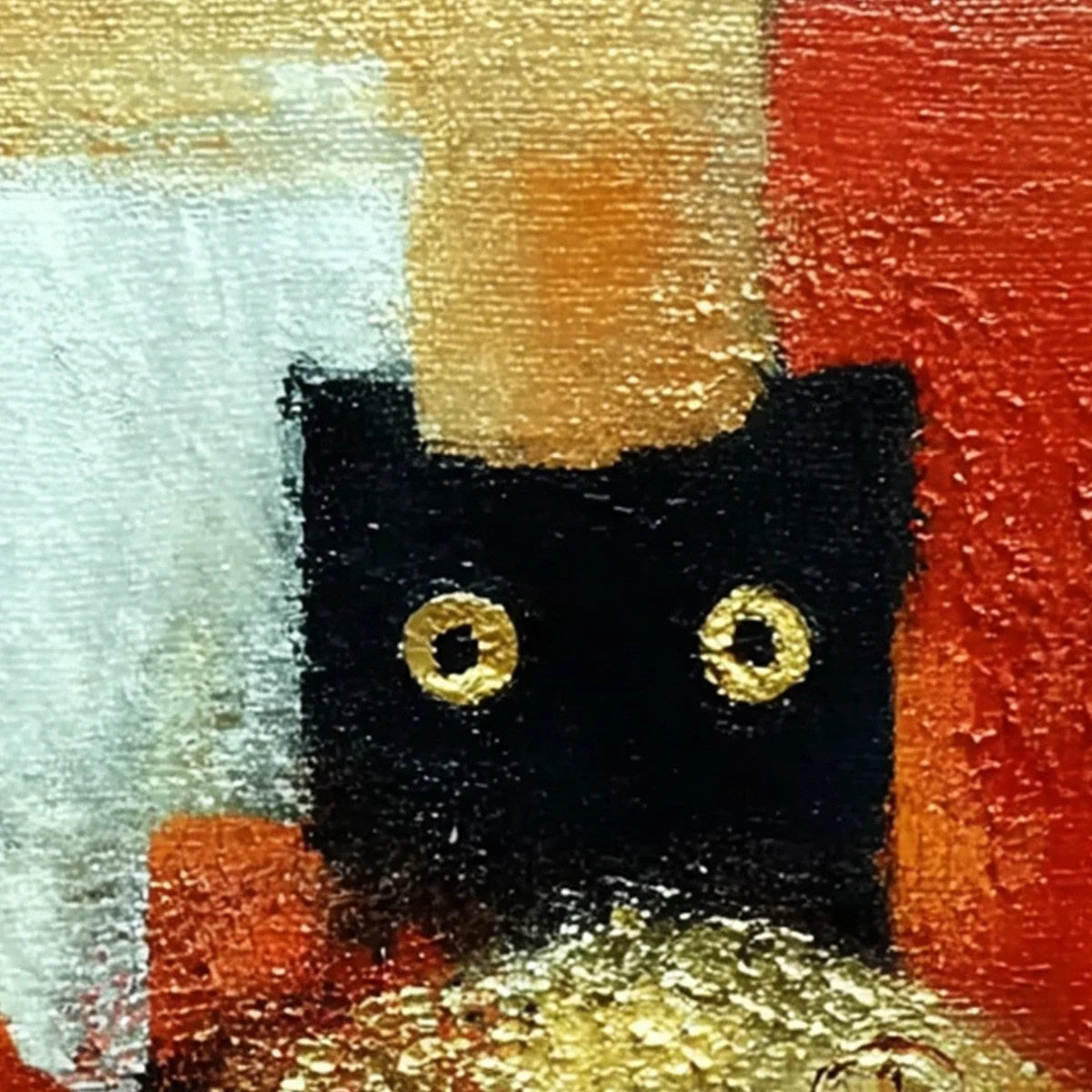 THE GOLDEN CATCH: Whimsical Abstract Black Cat with Golden Fish Painting | rectangular format, hand-painted canvas edge