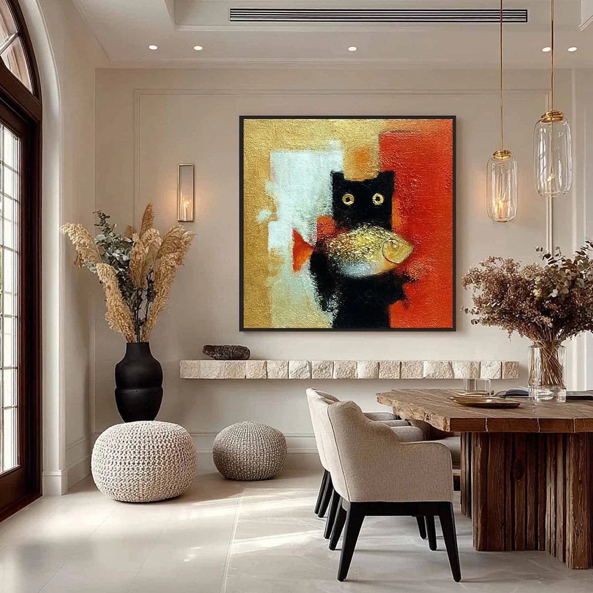 THE GOLDEN CATCH: Whimsical Abstract Black Cat with Golden Fish Painting | gold frame stretched on neutral wall