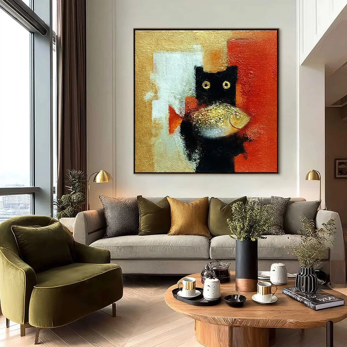THE GOLDEN CATCH: Whimsical Abstract Black Cat with Golden Fish Painting | black frame version on white wall