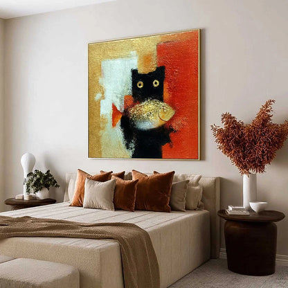 THE GOLDEN CATCH: Whimsical Abstract Black Cat with Golden Fish Painting | Abstract mood, soft natural light studio shot
