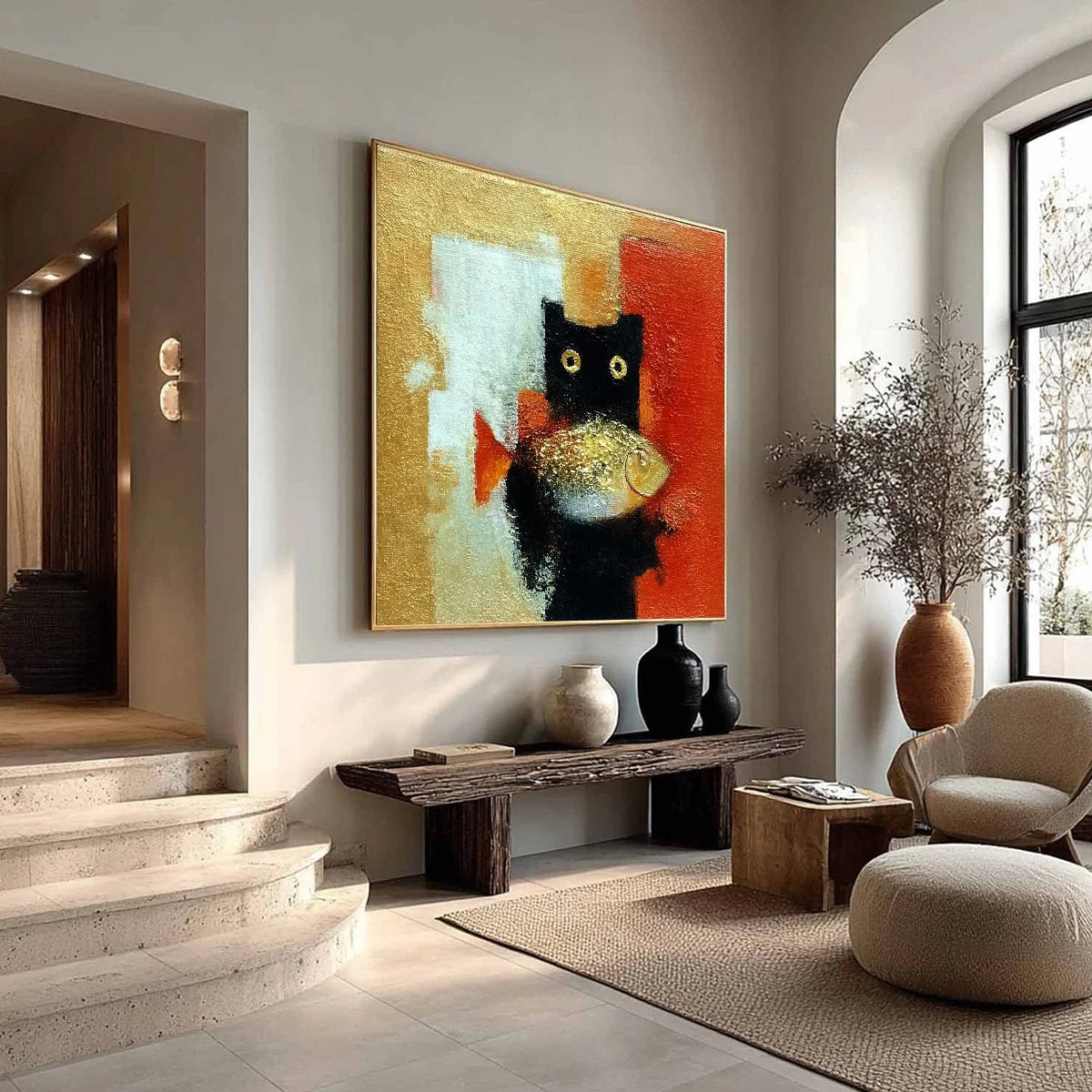 THE GOLDEN CATCH: Whimsical Abstract Black Cat with Golden Fish Painting | yellow palette, original oil on stretched canvas art