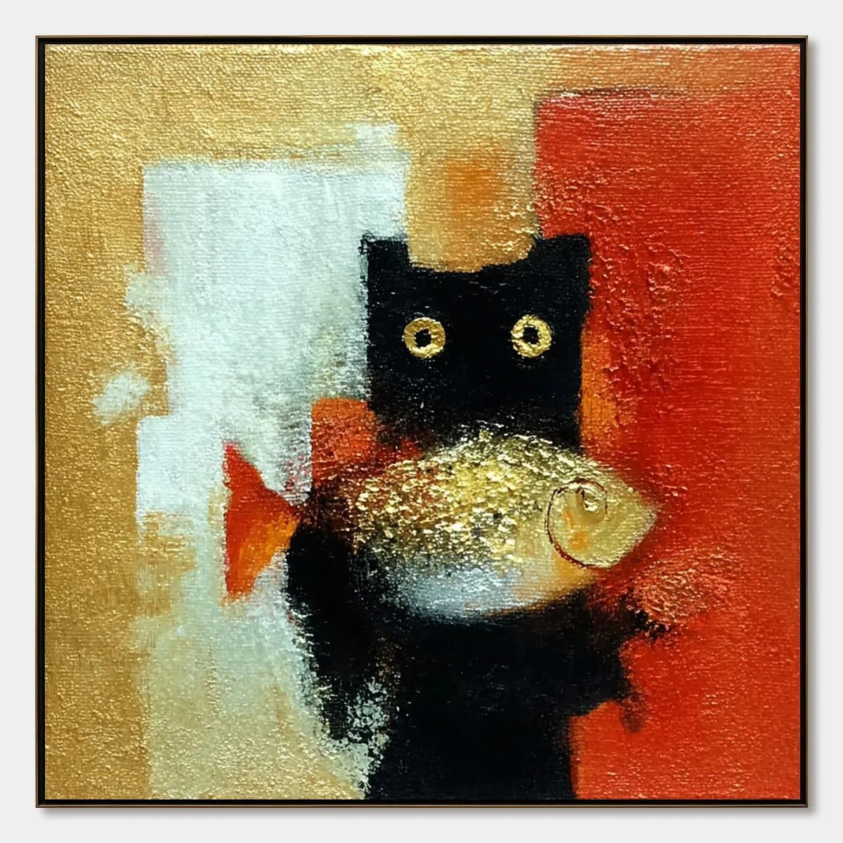 THE GOLDEN CATCH: Whimsical Abstract Black Cat with Golden Fish Painting | hanging in living room, Abstract wall art