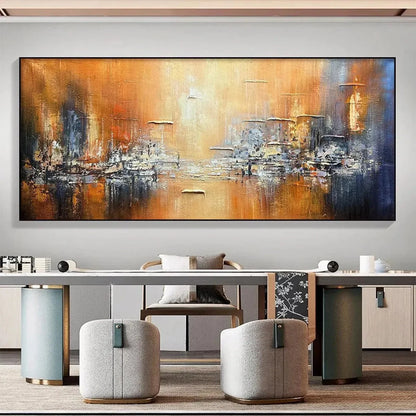 GOLDEN CITY: Textured Abstract Cityscape Painting in Orange and Blue | Abstract closeup, raised brushwork detail