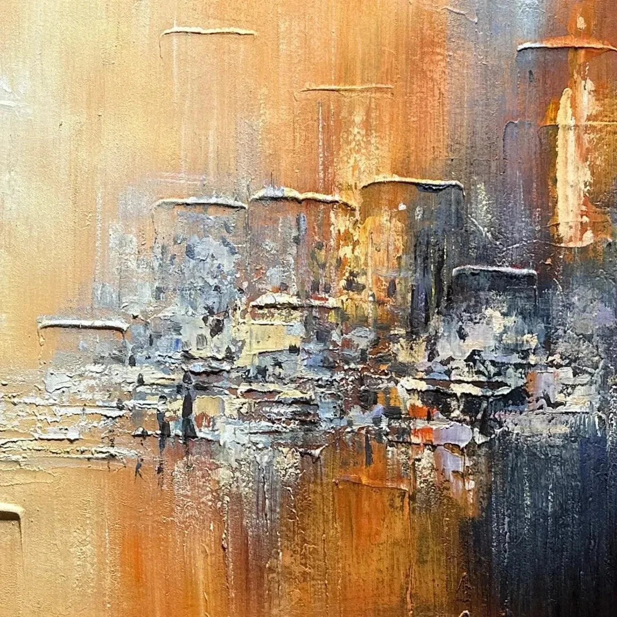 GOLDEN CITY: Textured Abstract Cityscape Painting in Orange and Blue | rectangular format, hand-painted canvas edge