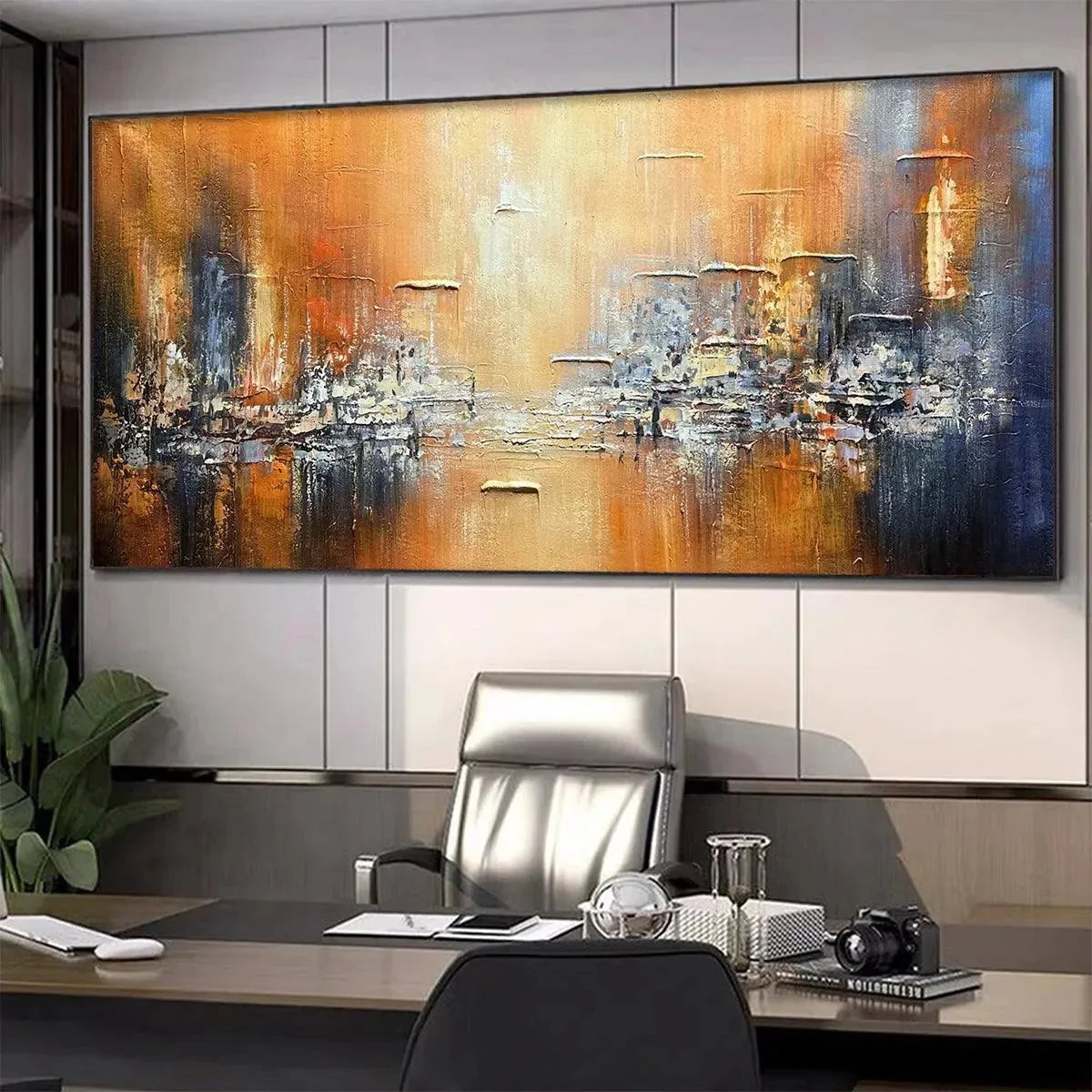 GOLDEN CITY: Textured Abstract Cityscape Painting in Orange and Blue | gold frame stretched on neutral wall