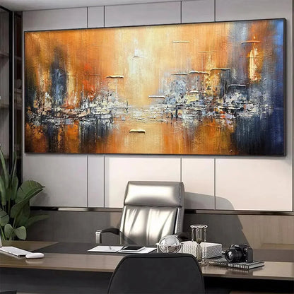 GOLDEN CITY: Textured Abstract Cityscape Painting in Orange and Blue | gold frame stretched on neutral wall