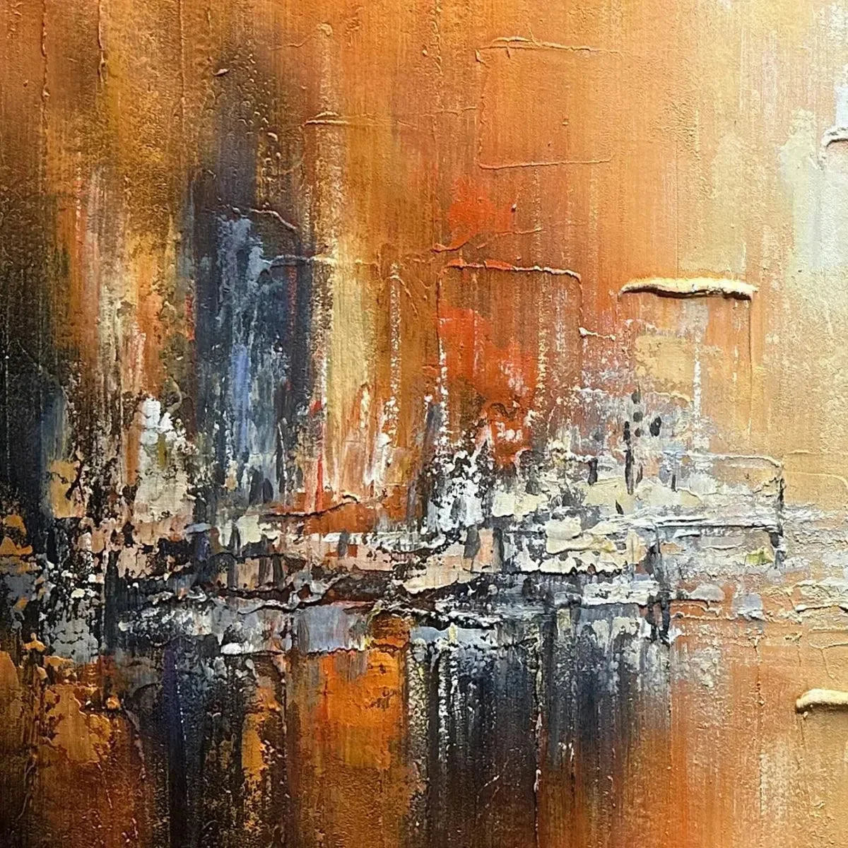 GOLDEN CITY: Textured Abstract Cityscape Painting in Orange and Blue | rolled canvas, ready for custom framing