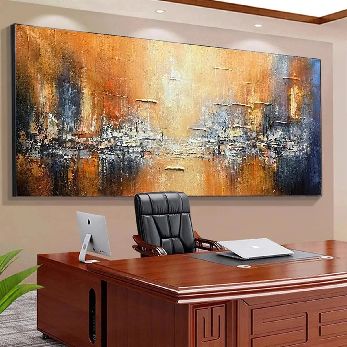 GOLDEN CITY: Textured Abstract Cityscape Painting in Orange and Blue | black frame version on white wall
